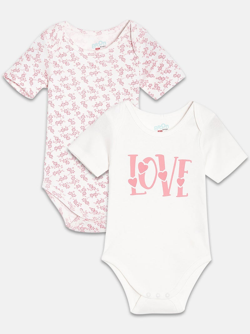 Broon Infant Girls White and Off White Printed Pure Organic Cotton Bodysuit Pack of 2 - Image 1