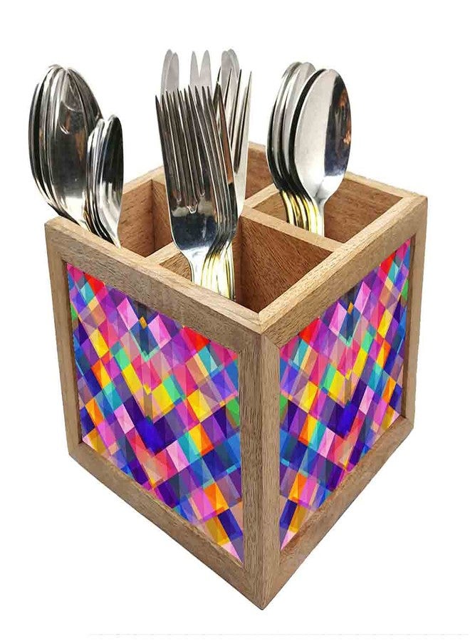 Nutcase Wooden Cutlery Stand Holder Silverware Caddy Spoons Forks Knives Organizer for Dining Table & Kitchen -Made in India-Spoons NOT Included - Colorful Checkbox - Image 1