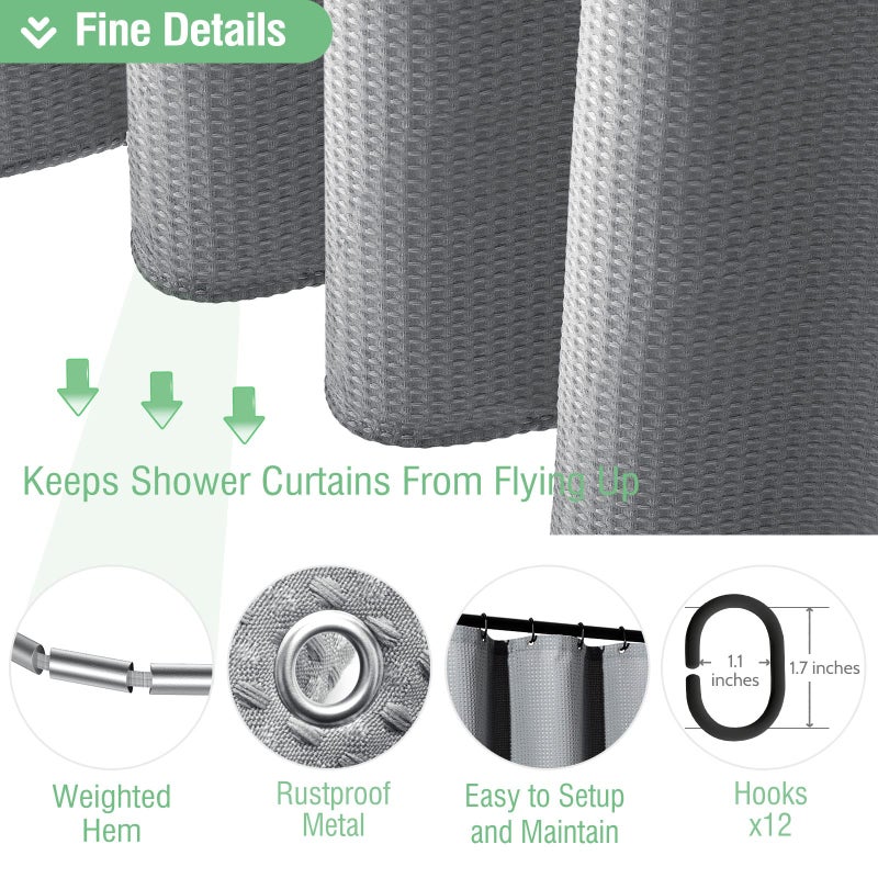 Dynamene Grey Fabric Shower Curtain for Bathroom - Waffle Weave Textured Heavy Duty , 256GSM Hotel Luxury Weighted Cloth Bath Curtain Set with 12 Plastic Hooks,72x72, Grey/Gray - Image 5