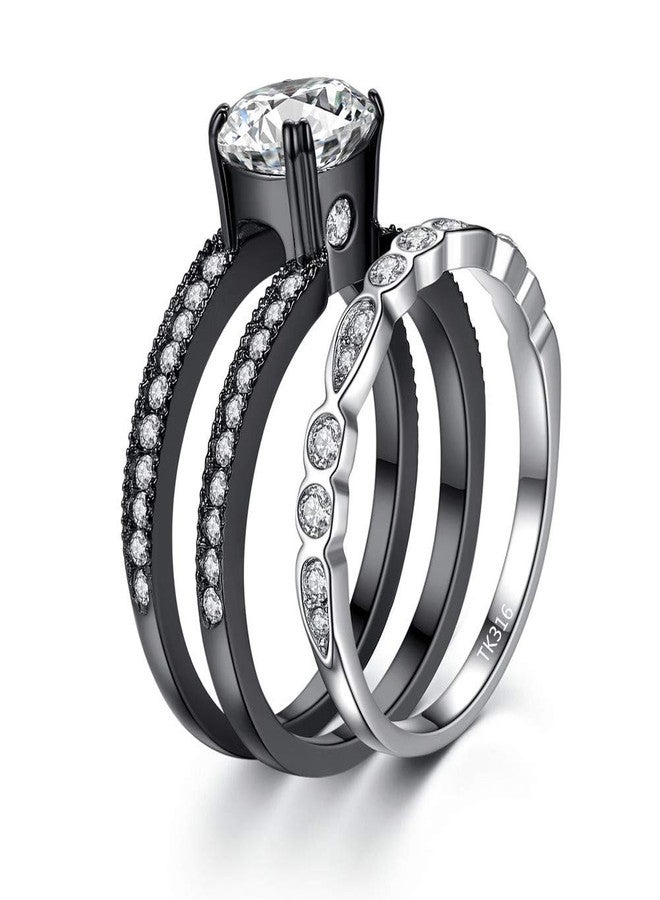 MABELLA CZ Black Wedding Band Engagement Ring Sets Stainless Steel Round Cut Cubic Zirconia Size 6 - Image 3
