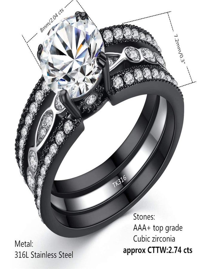 MABELLA CZ Black Wedding Band Engagement Ring Sets Stainless Steel Round Cut Cubic Zirconia Size 6 - Image 4