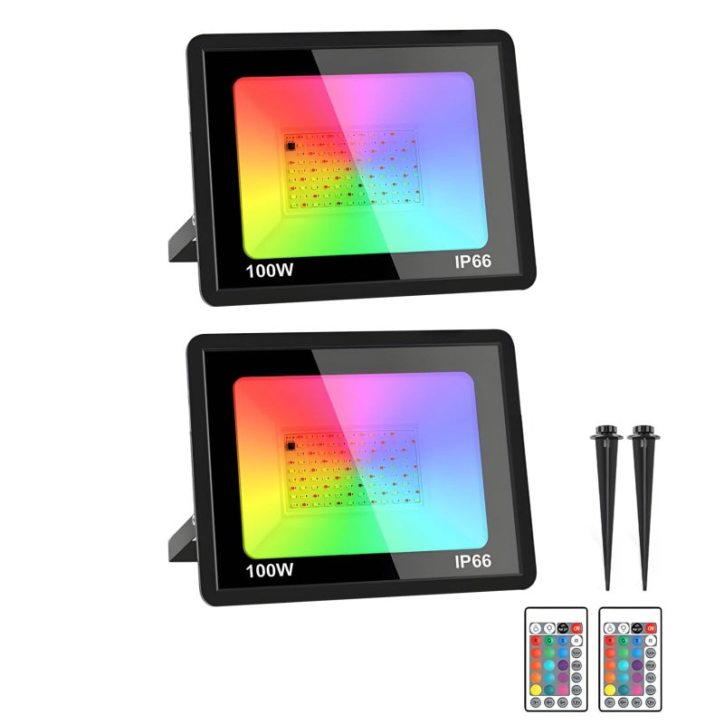 2 Pcs 100W RGB LED Flood Lights Outdoor Waterproof Color Changing Landscape Lights - Image 2