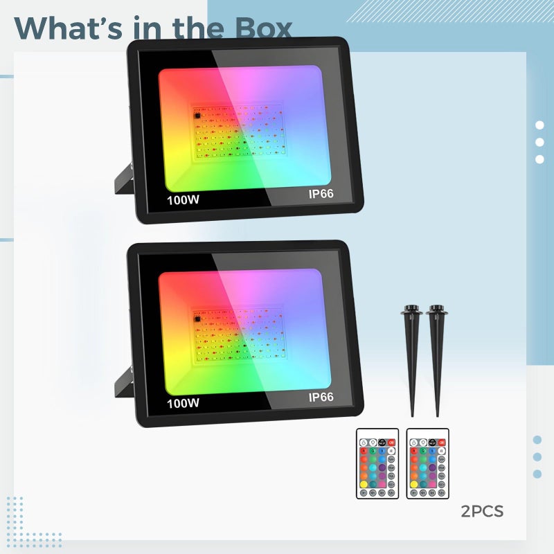 2 Pcs 100W RGB LED Flood Lights Outdoor Waterproof Color Changing Landscape Lights - Image 4