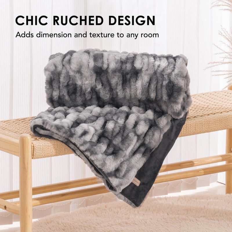 EVERGRACE Faux Fur Throw Blanket, Luxurious Soft Plush Warm Bubble Fluffy Blanket, Ruched Cozy Fuzzy Reversible Velvet Mink Throws for Couch Bed Sofa, 50 x 60 in, Gray - Image 2