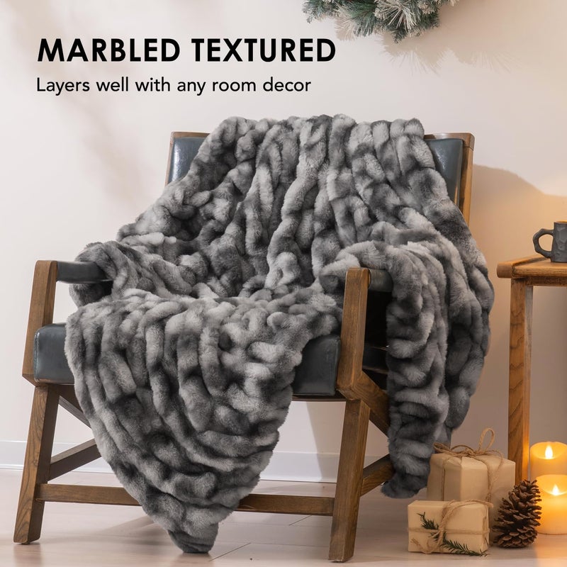 EVERGRACE Faux Fur Throw Blanket, Luxurious Soft Plush Warm Bubble Fluffy Blanket, Ruched Cozy Fuzzy Reversible Velvet Mink Throws for Couch Bed Sofa, 50 x 60 in, Gray - Image 3