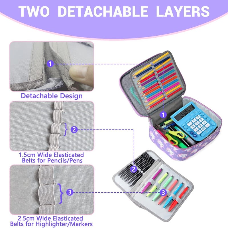 Vaschy Large Pencil Case, 3 Compartments Pencil Case, School Pencil Case, Pencil Case, Pencil Case, Girls Pencil Case with Zipper for Stationery Pencil Case for University Office Work, Unicorn-new - Image 5