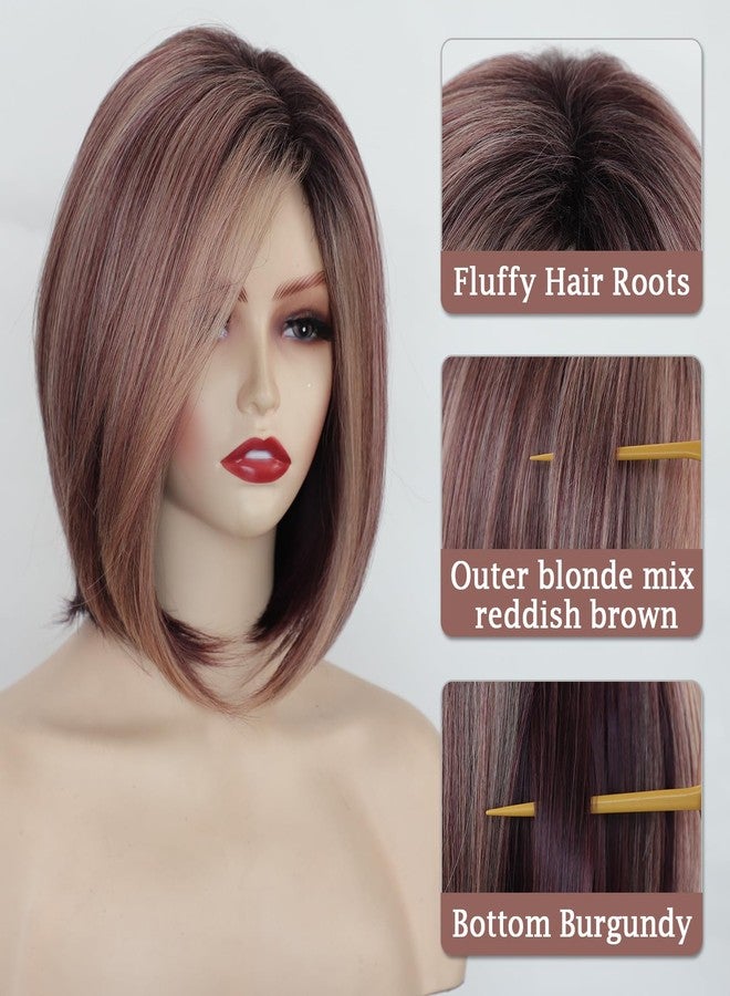 TISHINING Side Part Layered Burgundy Short Bob Wigs for White Women Ombre Burgundy Mix Blonde Bob Straight Hair Wig with Dark Roots Synthetic Natural Looking Daily Party Wig(12 inch) - Image 3