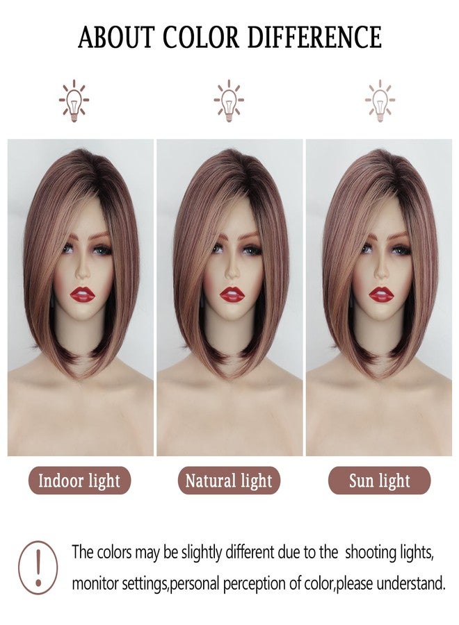 TISHINING Side Part Layered Burgundy Short Bob Wigs for White Women Ombre Burgundy Mix Blonde Bob Straight Hair Wig with Dark Roots Synthetic Natural Looking Daily Party Wig(12 inch) - Image 4