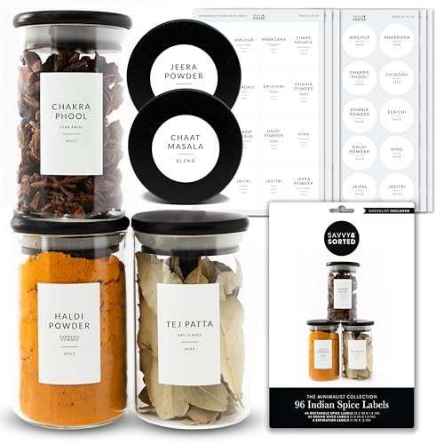SAVVY & SORTED Spice Labels, 96 South Asian Spice Jar Stickers - Waterproof Kitchen Pantry Labels for Organizing Indian Spices - Image 1