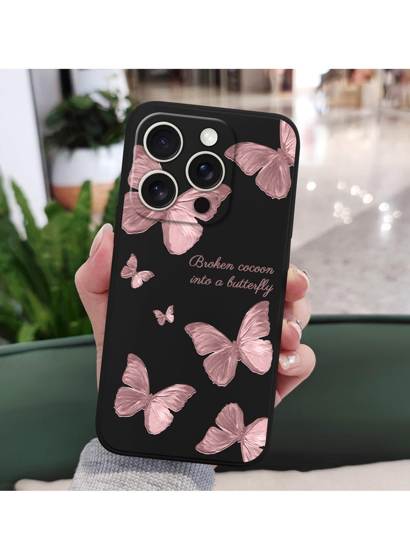غطاء حماية لهاتف iPhone 16 Pro Max - مقاوم للخدوش، ناعم ونحيف، بتصميم زهري، لهاتف iPhone 16 Pro Max بحجم 6.9 بوصة - فراشة سوداء - Image 3