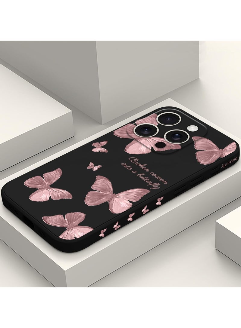 غطاء حماية لهاتف iPhone 16 Pro Max - مقاوم للخدوش، ناعم ونحيف، بتصميم زهري، لهاتف iPhone 16 Pro Max بحجم 6.9 بوصة - فراشة سوداء - Image 2