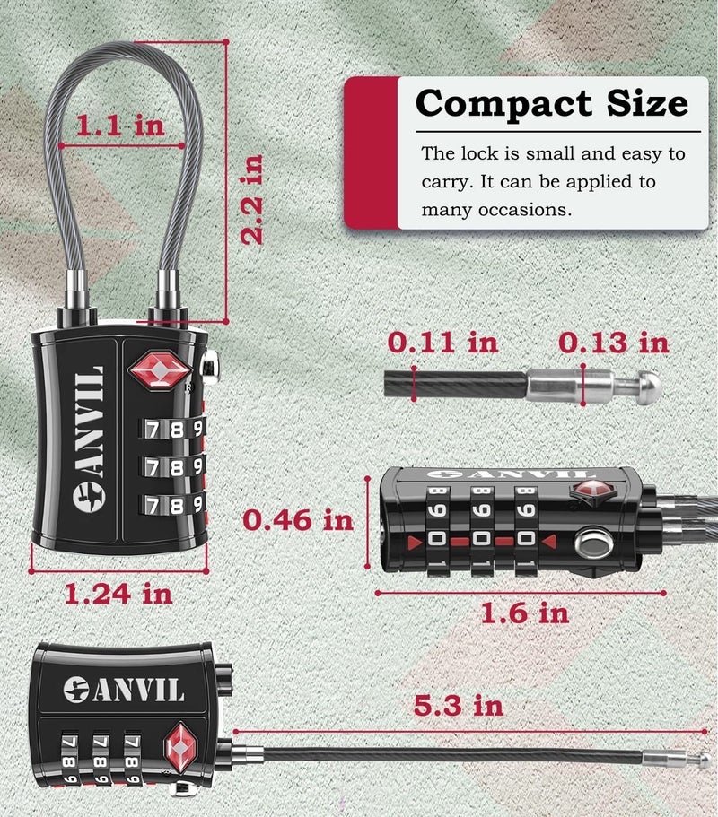 ANVIL TSA Approved Luggage Locks - Re-settable 3-Digit Combination Cable Lock with Alloy Body, Keyless Travel Sentry Accepted Padlock for Gym Locker, Golf Bags, Suitcases - Image 3