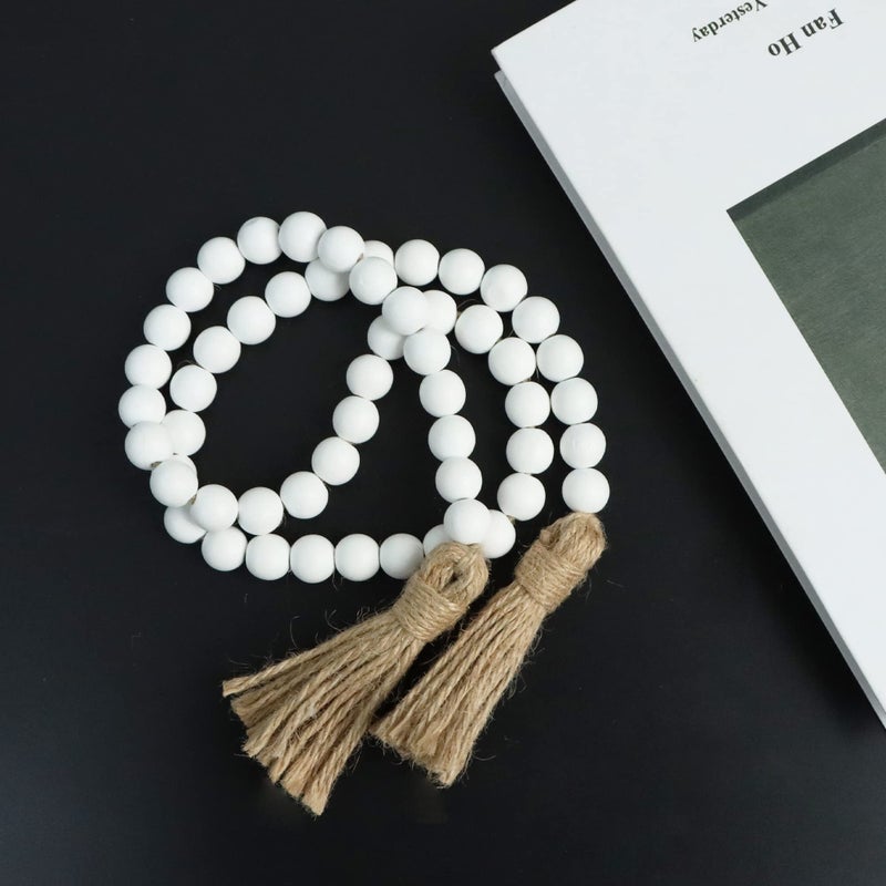Meplait 39in Wood Bead Garland Farmhouse with Tassels,Versatile Prayer Beads Boho Chic Wall Hanging Home Decor (White) - Image 4