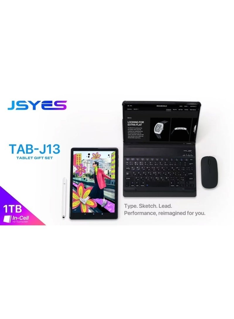 JSYES TAB-J13 10.1-Inch Android Tablet Gift Set | 1TB Storage | In-Cell HD Touch Display | Wireless Keyboard, Bluetooth Mouse, Stylus & Folio Case | USB-C Fast Charging – Silver - Image 1