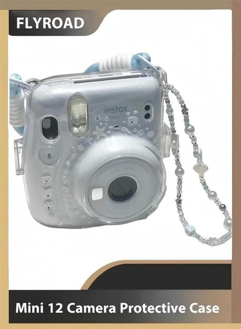 Fuji Instax Mini 12 Instant Camera Protective Case Hard Case with Adjustable Hand Strap, Free Stickers and Camera Case Chain (clear)
