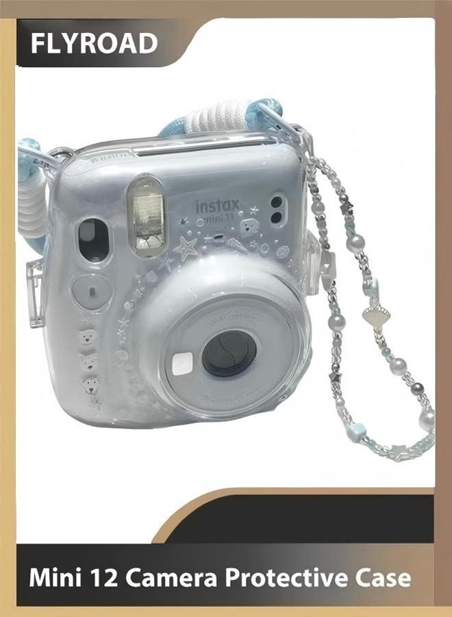 فلاي رود حافظة حماية صلبة لكاميرا فوجي إنستاكس ميني 12 الفورية مع حزام يد قابل للتعديل وملصقات مجانية وسلسلة حافظة كاميرا (شفافة) - Image 1