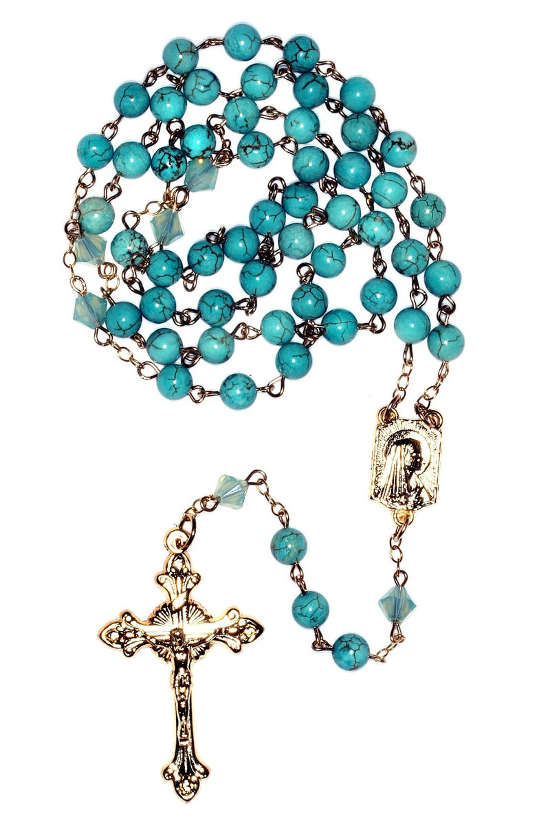 Rosaries Magnesite Turquoise Blue Gemstone Catholic Prayer Rosary/Rosario accented with Magnesite Turquoise Blue Gemstones and Austrian Crystals - Image 3