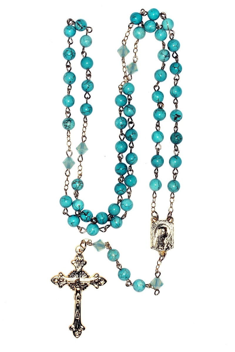 Rosaries Magnesite Turquoise Blue Gemstone Catholic Prayer Rosary/Rosario accented with Magnesite Turquoise Blue Gemstones and Austrian Crystals - Image 2