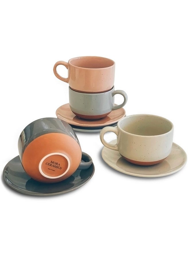 Mora Ceramics 8oz Cappuccino Mug Set of 4 - Ceramic Coffee Cups with Saucers - Microwave and Dishwasher Safe, Perfect For Tea, Espresso, Latte - Porcelain Mugs for Kitchen or Cafe - Assorted Neutrals - Image 1