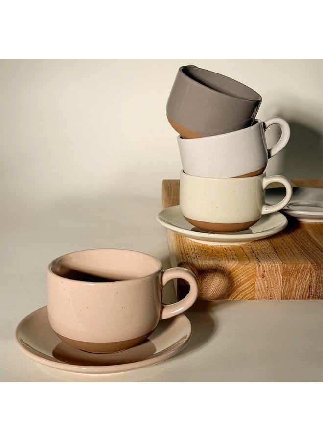 Mora Ceramics 8oz Cappuccino Mug Set of 4 - Ceramic Coffee Cups with Saucers - Microwave and Dishwasher Safe, Perfect For Tea, Espresso, Latte - Porcelain Mugs for Kitchen or Cafe - Assorted Neutrals - Image 5