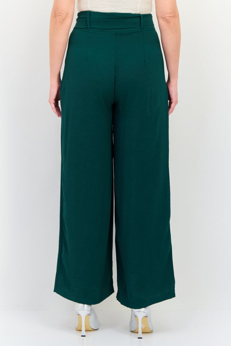 Ulyashova Women Regular Fit Plain Belted Wide Leg Pants, Green - Image 3