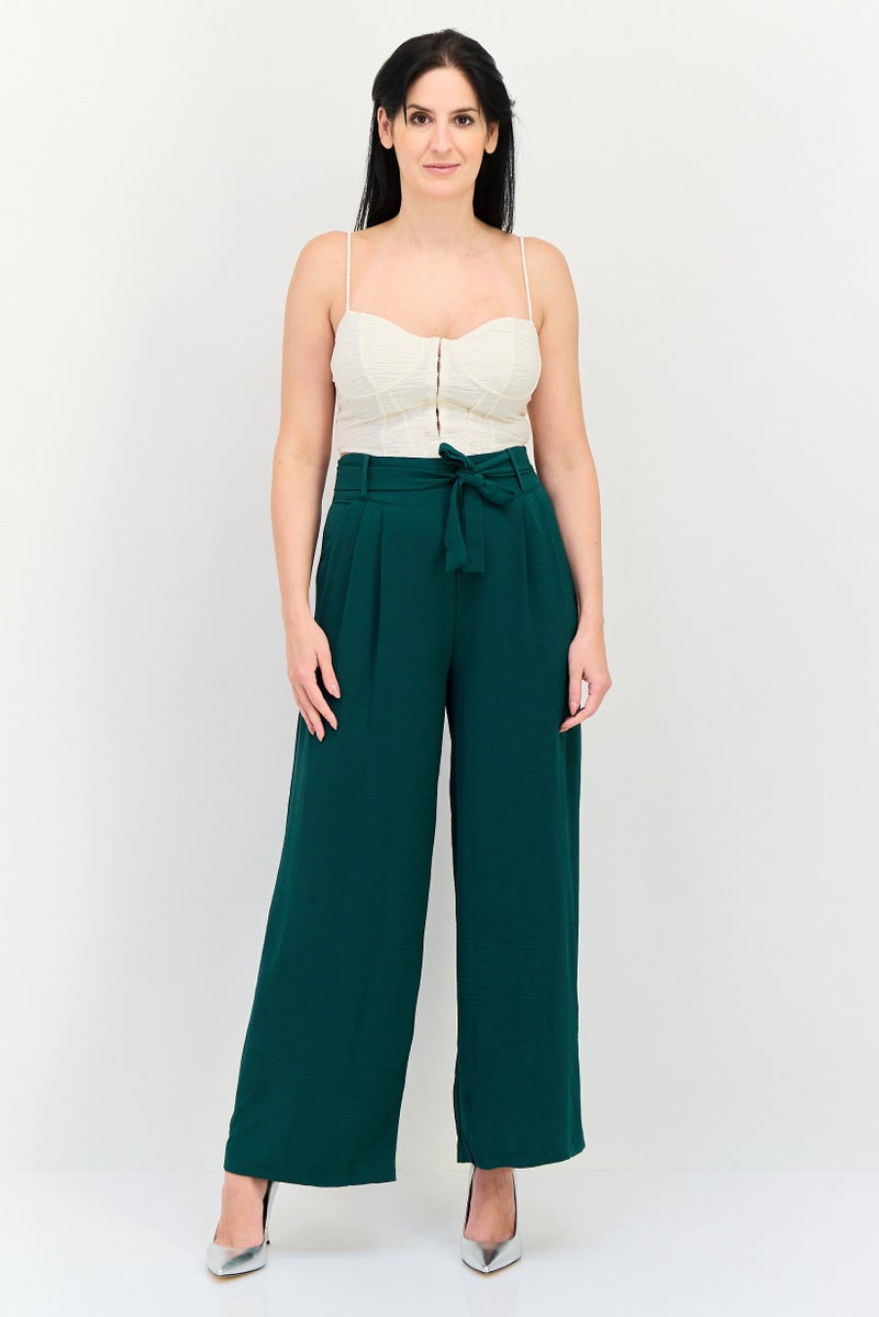 Ulyashova Women Regular Fit Plain Belted Wide Leg Pants, Green - Image 4