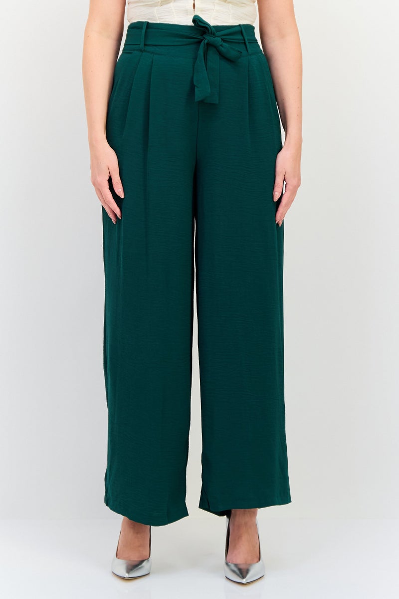 Ulyashova Women Regular Fit Plain Belted Wide Leg Pants, Green - Image 1