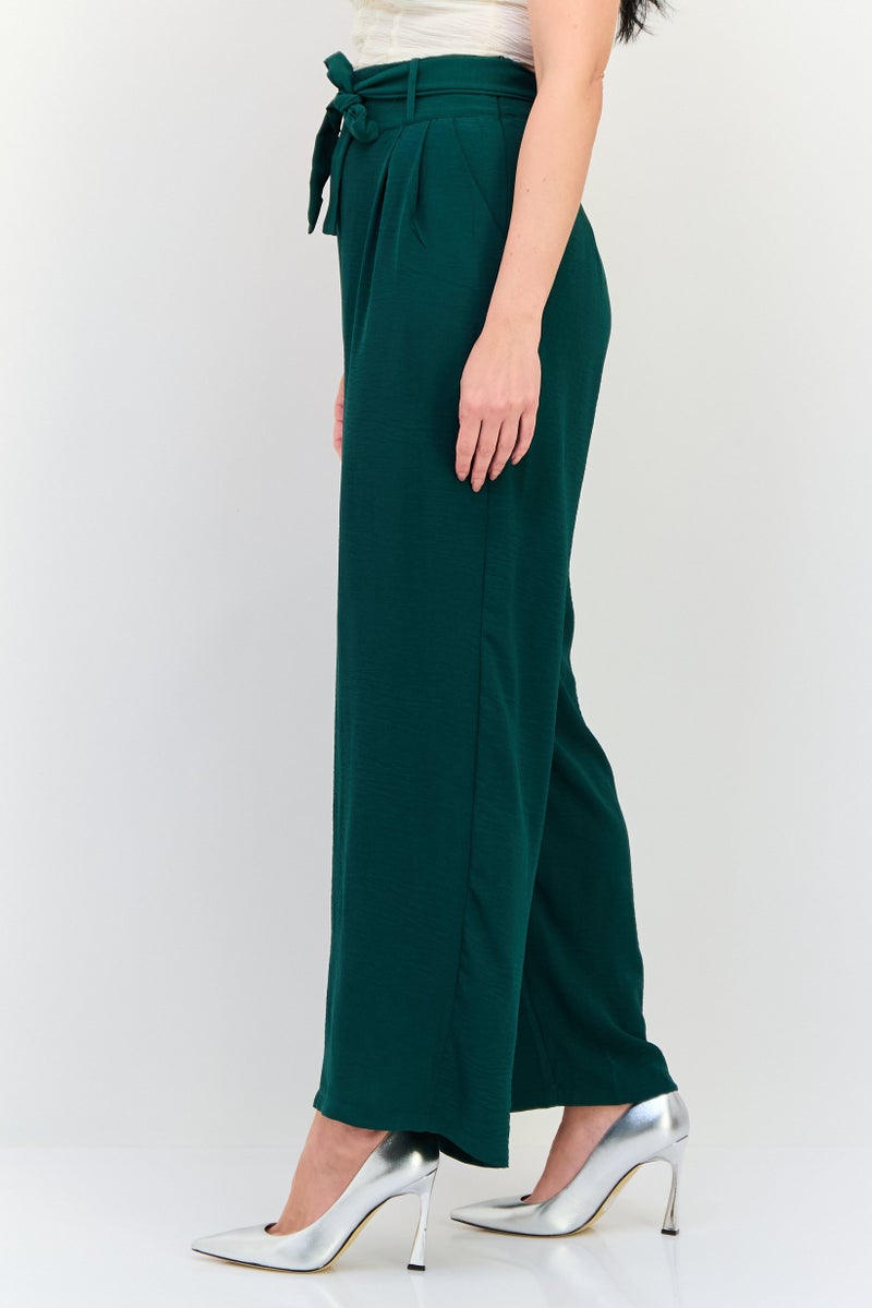 Ulyashova Women Regular Fit Plain Belted Wide Leg Pants, Green - Image 2
