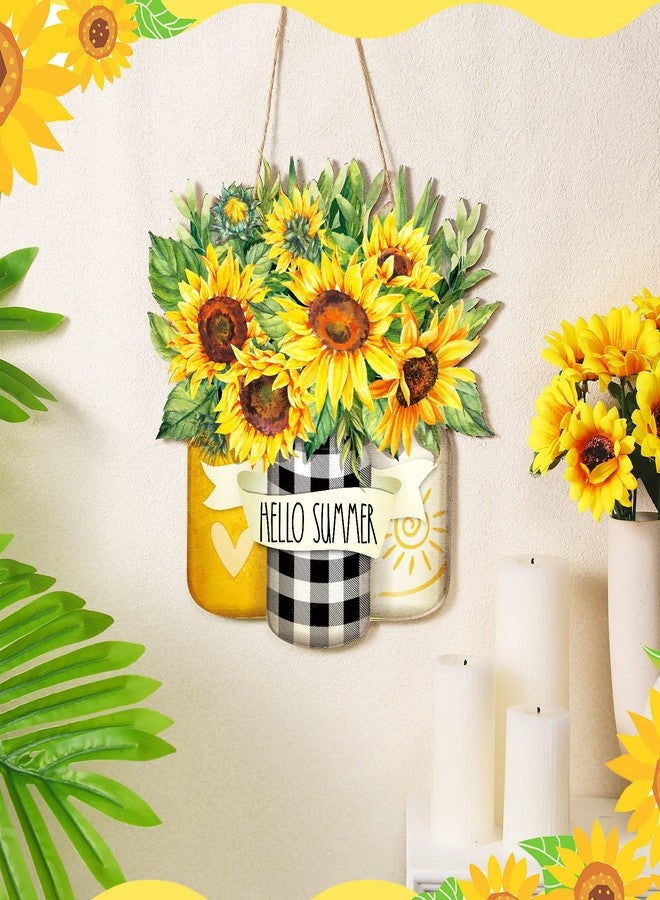 كارينهي لافتة "مرحباً بالصيف" من كارينهي، مزينة بزهرة عباد الشمس، زينة خشبية ملهمة للباب، ديكور خارجي خشبي للباب الأمامي للمنزل، شرفة المنزل الريفي، المطبخ - Image 4