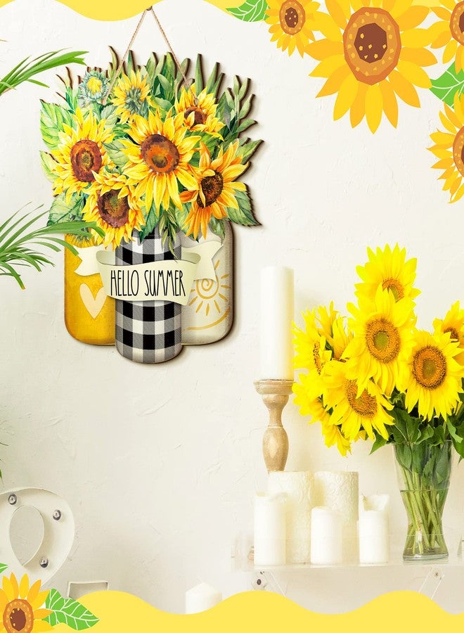 كارينهي لافتة "مرحباً بالصيف" من كارينهي، مزينة بزهرة عباد الشمس، زينة خشبية ملهمة للباب، ديكور خارجي خشبي للباب الأمامي للمنزل، شرفة المنزل الريفي، المطبخ - Image 2