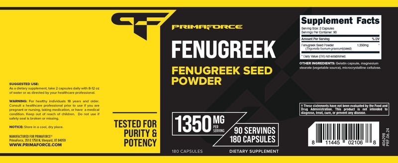 Primaforce Fenugreek Seed Capsules (180 Capsules / 1350mg Per Serving, 2 Capsule Servings) - Premium Herbal Supplement for Men and Women, Non-GMO, Gluten Free Supplement - Image 5