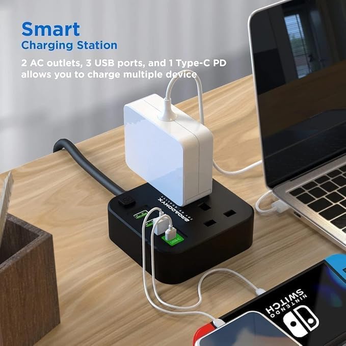 BROADONYX Extension cord Power Strip 30W type C Electrical Plug Sockets 2 Way USB-C 1.8M Extension Cord Black كهرباء توصيلة كهرباء - Image 2
