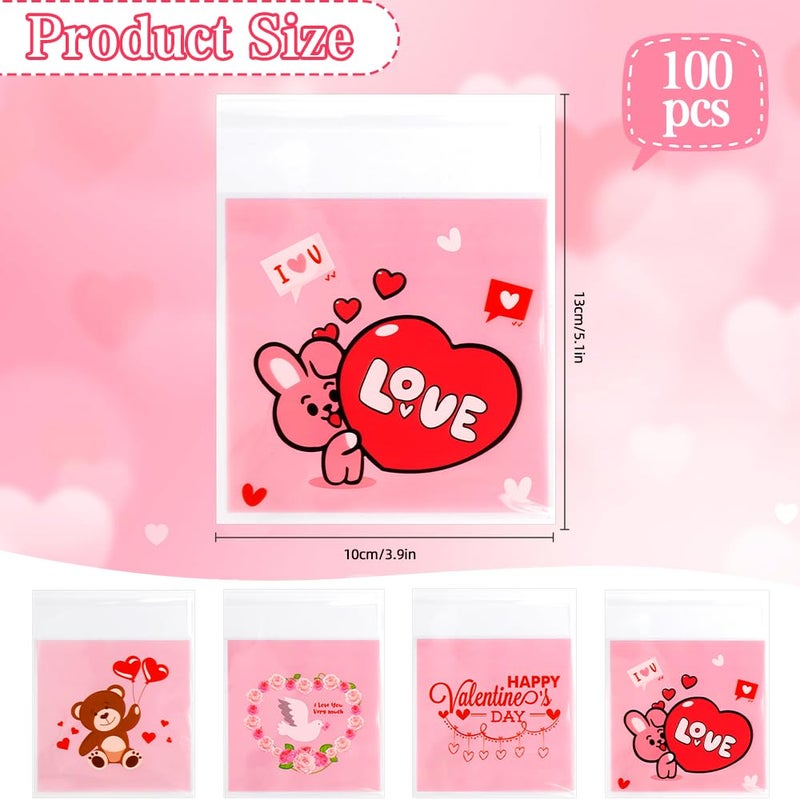 ChicQuench Valentines Treat Bags, 100 PCS Valentiens Cellophane Treat Bags, Valetines Candy Bags, Self Adhesive Plastic Valetine Gift Bags Cookie Bags Goodie Bags for Valentine's Day Holiday Party Favor Supplies - Image 2