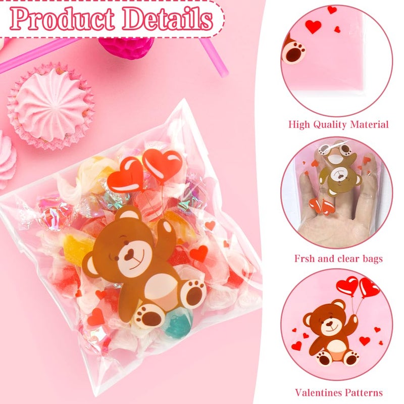 ChicQuench Valentines Treat Bags, 100 PCS Valentiens Cellophane Treat Bags, Valetines Candy Bags, Self Adhesive Plastic Valetine Gift Bags Cookie Bags Goodie Bags for Valentine's Day Holiday Party Favor Supplies - Image 5