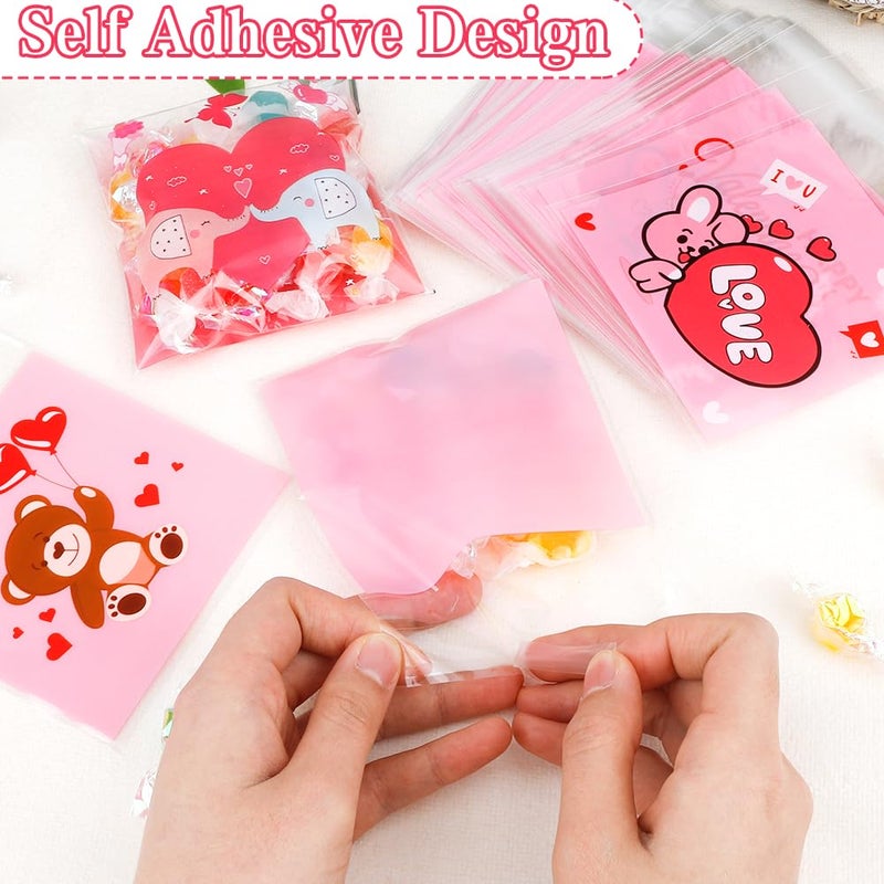 ChicQuench Valentines Treat Bags, 100 PCS Valentiens Cellophane Treat Bags, Valetines Candy Bags, Self Adhesive Plastic Valetine Gift Bags Cookie Bags Goodie Bags for Valentine's Day Holiday Party Favor Supplies - Image 4