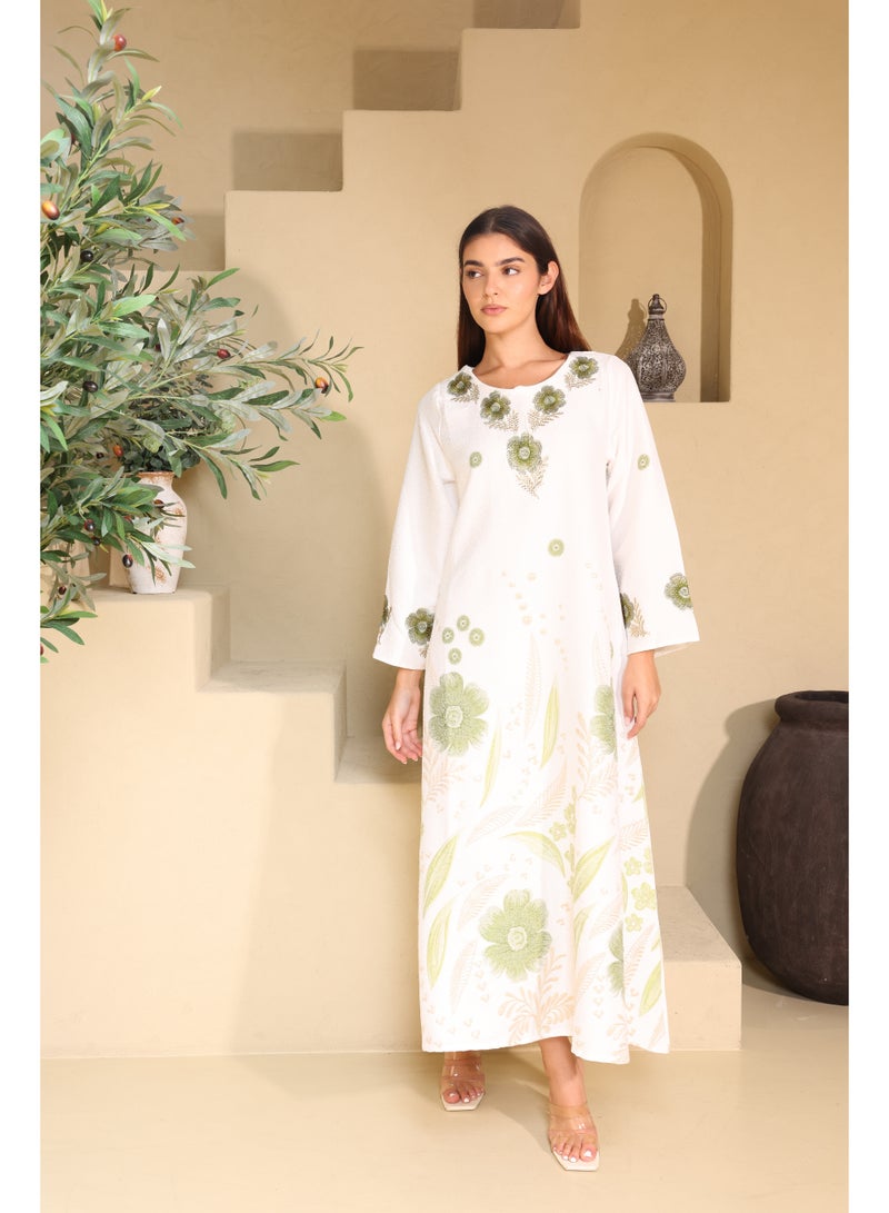 IKKXA Floral Details Classic Linen Jalabiya - Image 1