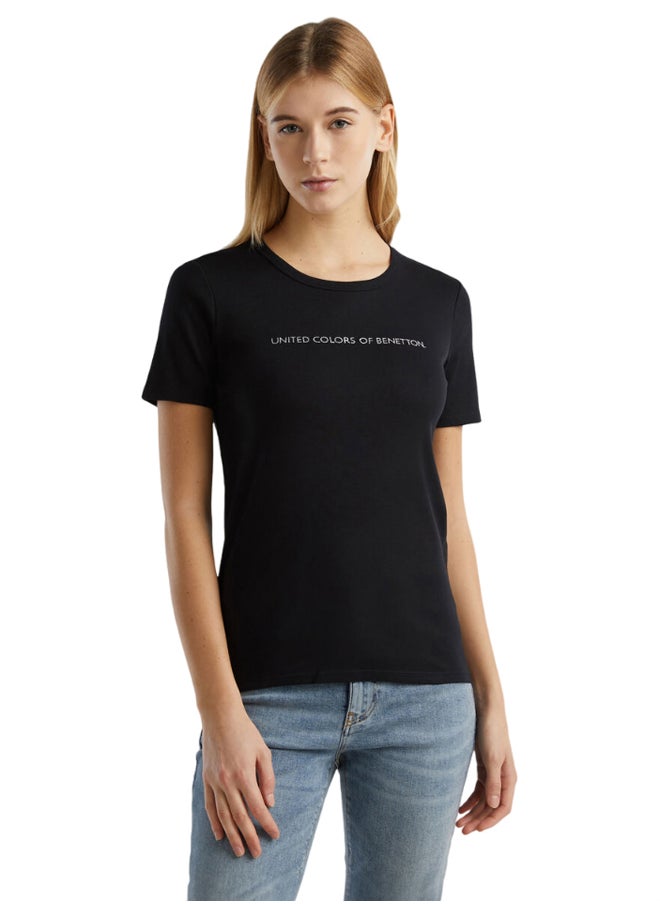 Benetton - Glitter Print Logo Short Sleeve T-shirt - Image 1