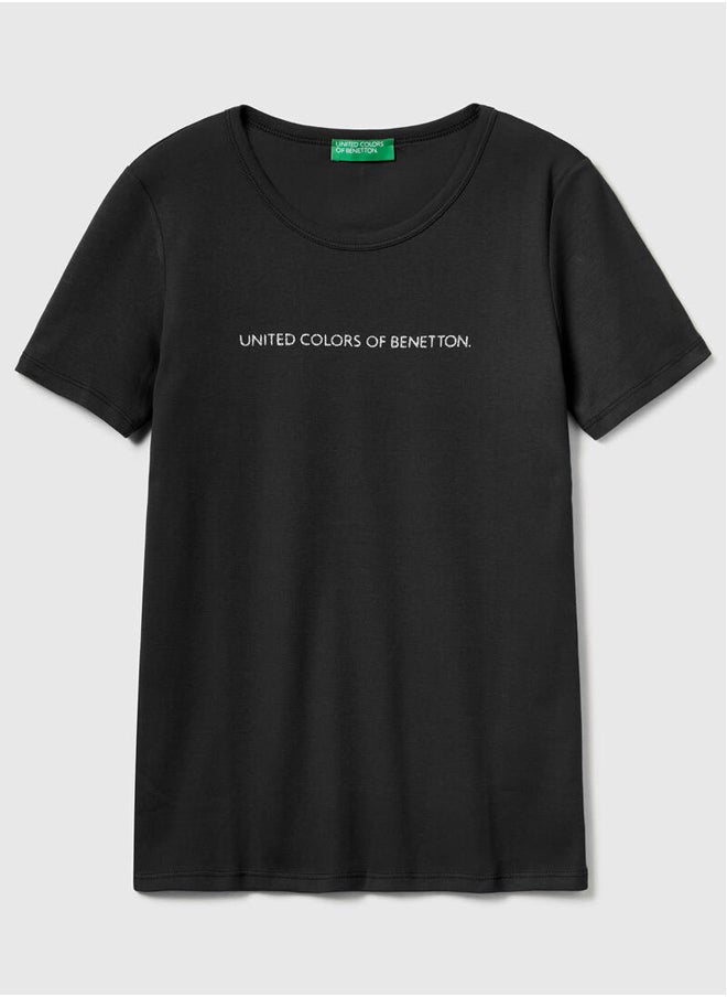 Benetton - Glitter Print Logo Short Sleeve T-shirt - Image 1