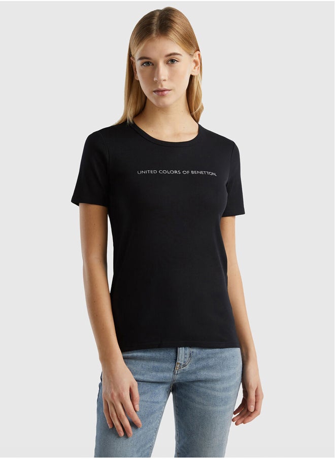 Benetton - Glitter Print Logo Short Sleeve T-shirt - Image 1
