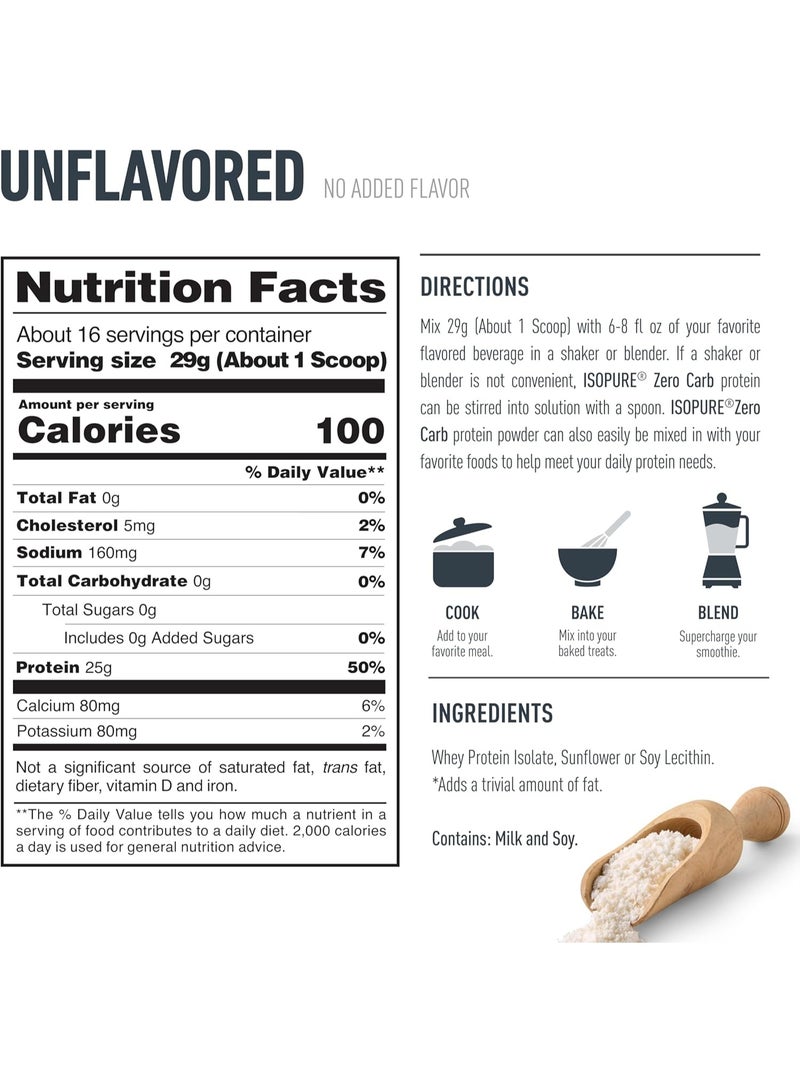 Isopure Zero Carb 100% Pure Whey Isolate Protein Powder, Lactose Free, Gluten Free, With Vitamins, Unflavored, 25g Protein Per Serving, 1 Lb, 16 Servings - Image 2