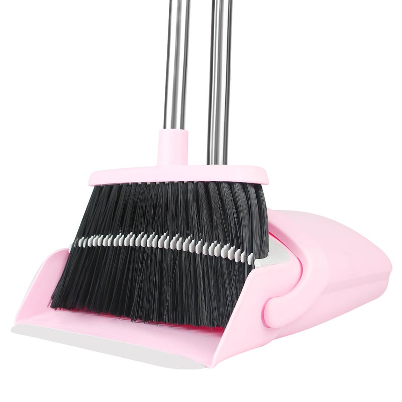 BSKLIN Pink Broom and Dustpan Set, 52-in Handle Broom Dustpan Combo Set Household Hand Broom with Dustpan Teeth to Clean Hair for Home Kitchen Office Lobby Sweeping Indoorï¼ˆPinkï¼‰ - Image 1