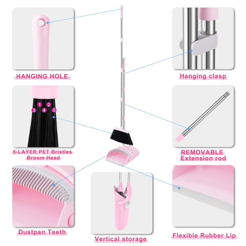 BSKLIN Pink Broom and Dustpan Set, 52-in Handle Broom Dustpan Combo Set Household Hand Broom with Dustpan Teeth to Clean Hair for Home Kitchen Office Lobby Sweeping Indoorï¼ˆPinkï¼‰ - Image 3