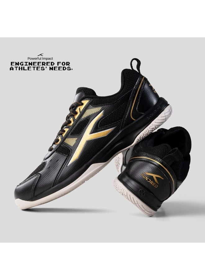 HUNDRED Raze Badminton Shoes (Non Marking) | Lightweight & Durable | X-Cushion, Active Grip Sole, Toe Assist (Black/Gold, 7UK) - Image 3