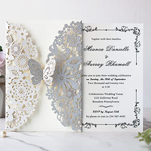 Hosmsua 5.12 x 7.3'' 50PCS Silver Laser Cut Butterfly Quinceanera Invitation Cards Lace Flora Weddding Invitations with Envelopes for Quinceañera Wedding Bridal Shower Invite (Silver Glitter) - Image 3
