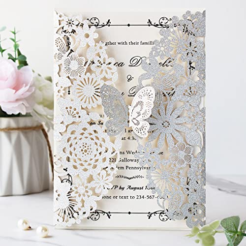 Hosmsua 5.12 x 7.3'' 50PCS Silver Laser Cut Butterfly Quinceanera Invitation Cards Lace Flora Weddding Invitations with Envelopes for Quinceañera Wedding Bridal Shower Invite (Silver Glitter) - Image 2