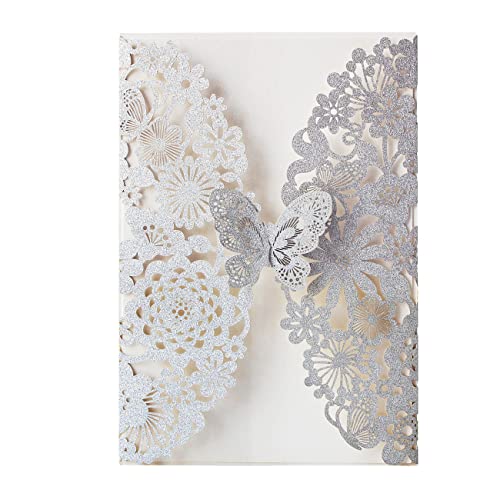 Hosmsua 5.12 x 7.3'' 50PCS Silver Laser Cut Butterfly Quinceanera Invitation Cards Lace Flora Weddding Invitations with Envelopes for Quinceañera Wedding Bridal Shower Invite (Silver Glitter) - Image 1