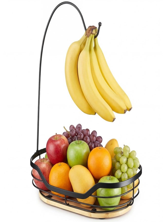 CACHOLIV Banana Holder - Fruit Basket with Banana Hook - Banana Hanger with Bamboo Base - Metal Banana Stand for Kitchen Counter (Black) - Image 1