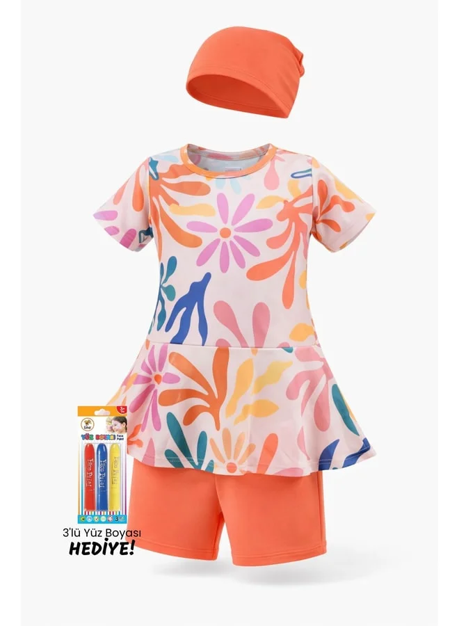 zuzunga Orange Girl's Swimwear Set with Seaweed Print and Bow.