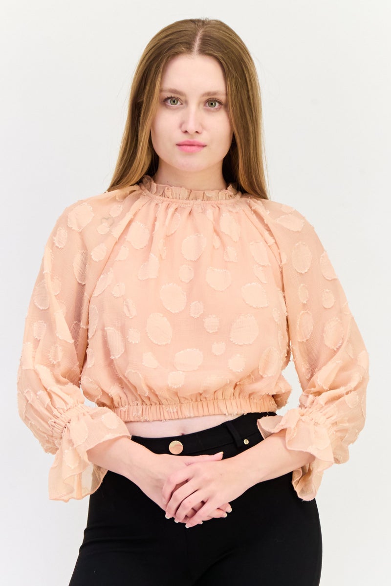 ONLY Women Peter Pan Collar Long Sleeves Textured Blouses, Peach  - Image 1