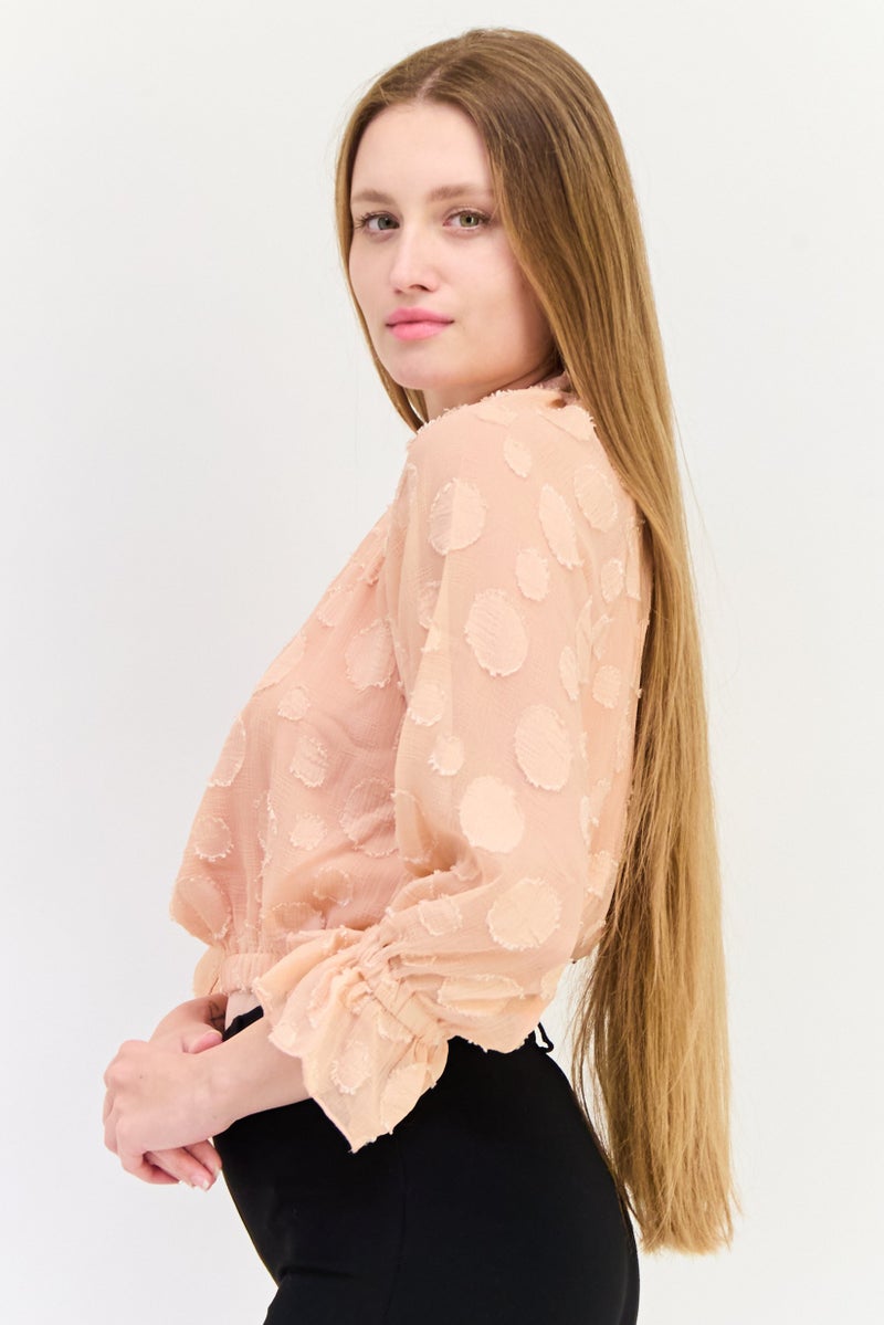 ONLY Women Peter Pan Collar Long Sleeves Textured Blouses, Peach  - Image 4
